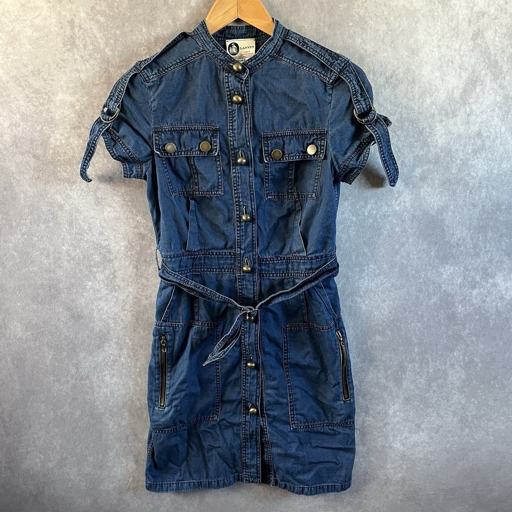 Lanvin x Acne Denim Dress Womens 34 Blue Utility Belted Mini Dress Made in Italy